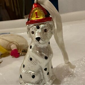 New Pottery Barn Kids Glitter & Glass Firehouse / Fireman Dalmatian Ornament, 5”